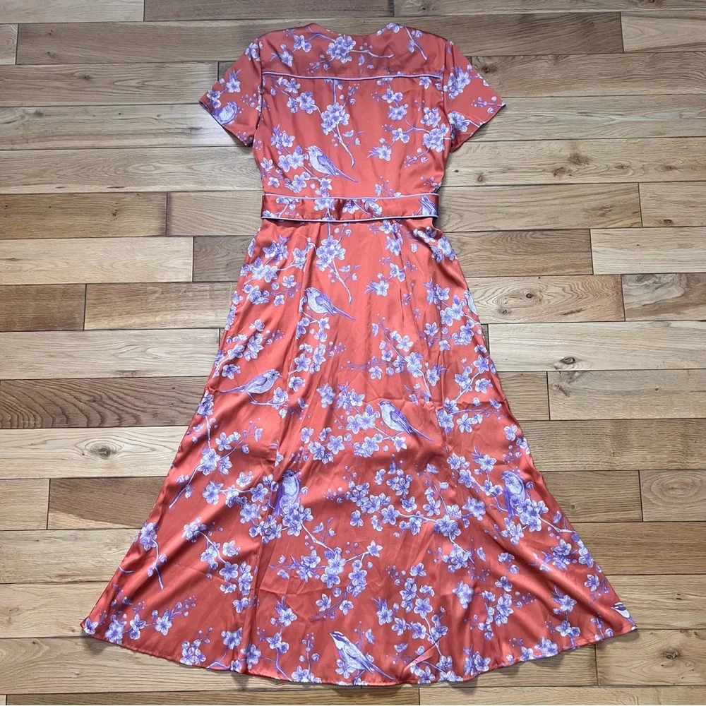 ModCloth Hutch Anthropologie Orange with Purple Floral Wrap Dress Size 0 - Picture 9 of 10